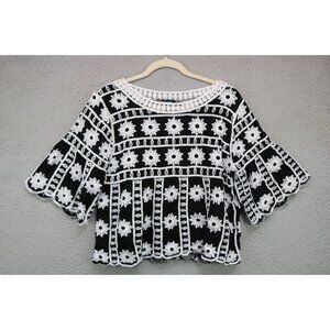 Indigo Poppy 3/4 Belled Sleeves Crochet-Embroidered Cropped Top-Whimsigoth-Large